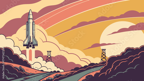 Retro Rocket Launch Space Exploration Vintage Spacecraft Ascending Colorful Sunset Space Travel Illustration Artistic Rocket Takeoff.
