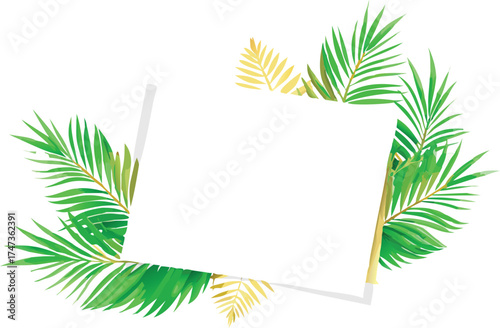 Tropical palm leaves surround a blank card, creating a serene and natural setting for messages or notes.