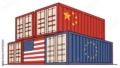 Stacked Cargo Containers with Flags Illustration.