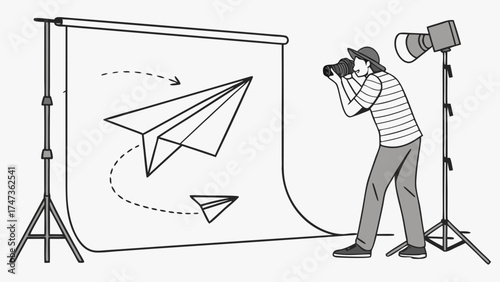Studio Photographer Shooting Paper Airplane Design Creative Concept Illustration.