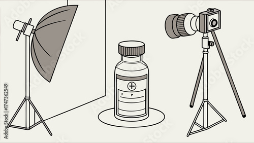 Studio photography setup with product lighting and camera on tripod illustration vector graphics clean background simple style.