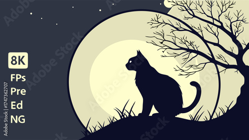 Stylized Silhouette of a Cat Under a Full Moon Night Scene 8k Resolution Halloween Mystical Artwork.