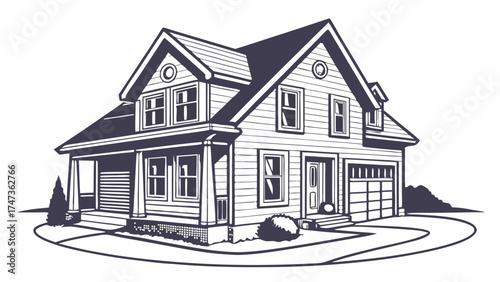 Suburban House Illustration Home Design Drawing Residential Building Two-Story House Family Home Real Estate Graphic House Blueprint Architectural Sketch Property Image Homeowner Illustr.