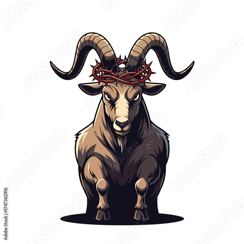 Cartoonish Goat with Crown of Thorns Intense Gaze and Curled Horns