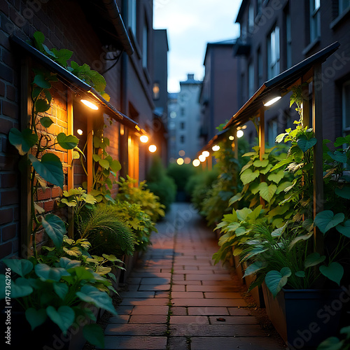 A small rooftop or alley garden in a dense city, using solar panels as support structures for climbing vegetables; dusk lighting with warm glow from solar lights.