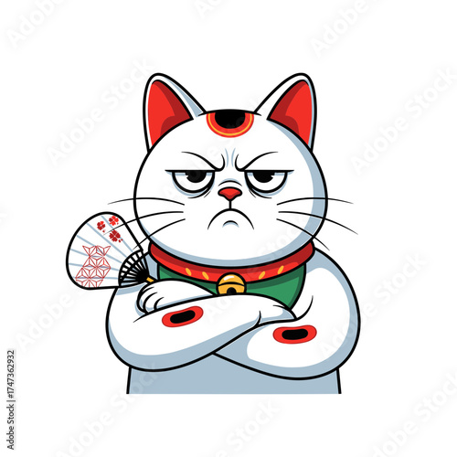 Disgruntled Maneki Neko with Folded Arms and Decorative Fan