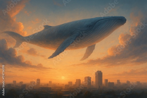 Giant Whale Swimming in the Sky Above a City at Dawn, Surreal Fantasy Digital Painting