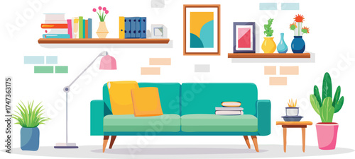 A stylish living room showcasing a comfortable sofa, a well-stocked bookshelf, and decorative indoor plants.