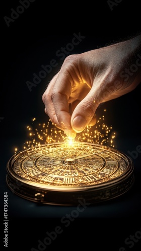 Glimmering Gold Coin Touched by Hand with Sparkles on Black Background Represents Wealth and Fortune Concept