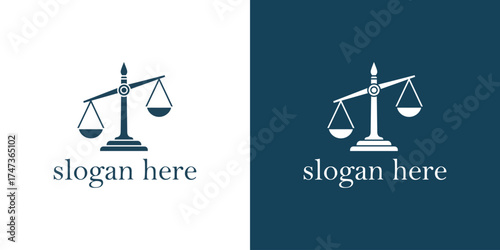 Logo design featuring a balanced scale symbolizing justice, with contrasting backgrounds and placeholder text