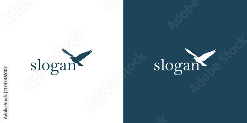 Minimalist logo design featuring a bird silhouette and the word 'slogan' on contrasting backgrounds