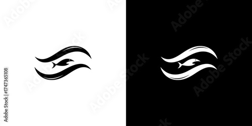 Minimalist black and white logo featuring flowing waves and a fish silhouette, ideal for branding
