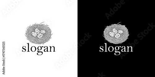 Logo design featuring a stylized nest with the word 'slogan' beneath it, set against contrasting backgrounds