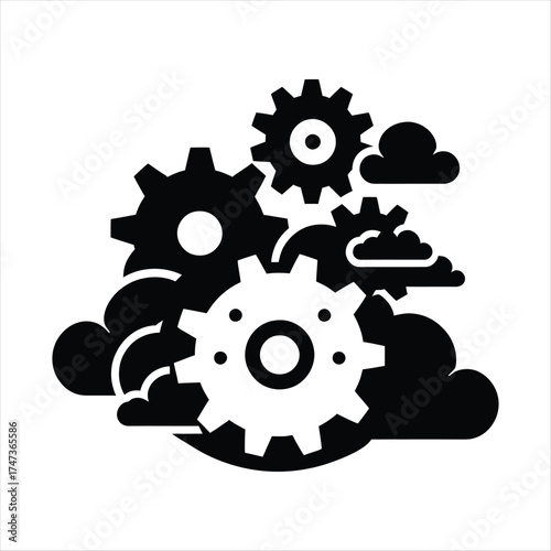 Gears turning with steam clouds vector silhouette  outline logo design concept illustration
