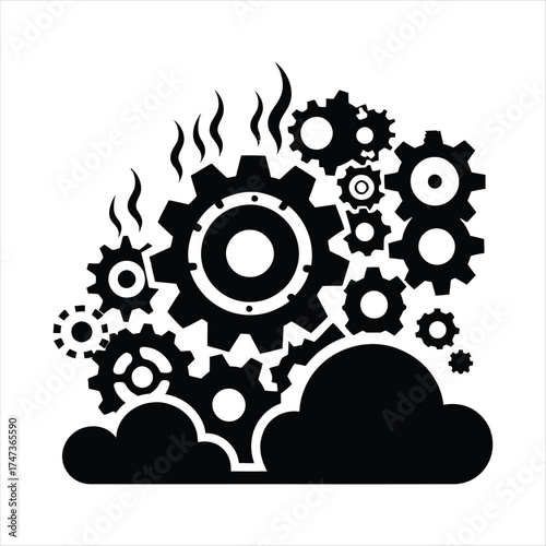 Gears turning with steam clouds vector silhouette  outline logo design concept illustration