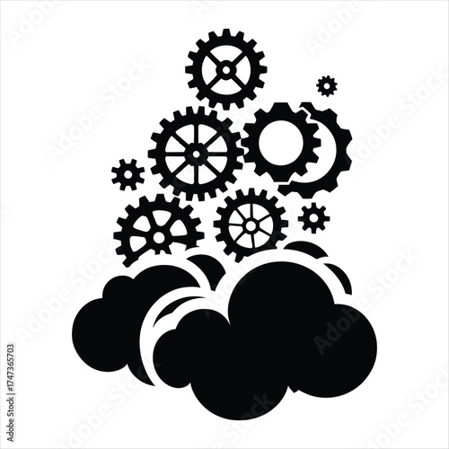 Gears turning with steam clouds vector silhouette  outline logo design concept illustration