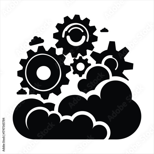 Gears turning with steam clouds vector silhouette  outline logo design concept illustration