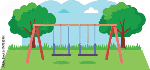 A playground swing set nestled in a grassy area, framed by lush trees in a sunny park.