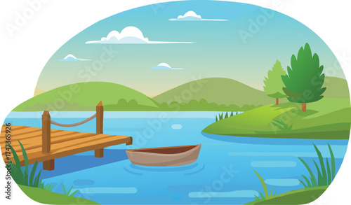 A boat floats on a serene lake, with a dock and lush trees lining the shore in the background.

