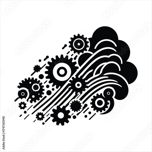Gears turning with steam clouds vector silhouette  outline logo design concept illustration