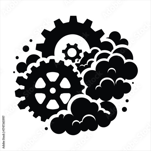 Gears turning with steam clouds vector silhouette  outline logo design concept illustration