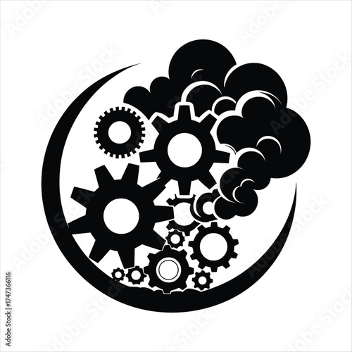 Gears turning with steam clouds vector silhouette  outline logo design concept illustration