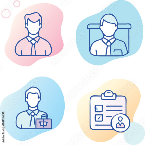 Four icons representing individuals in various professions, including a doctor, teacher, engineer, and artist.