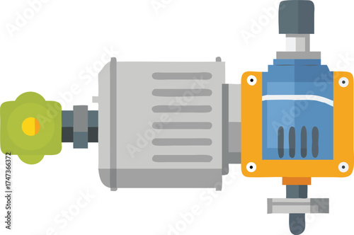 Flat illustration of a hydraulic pump, showcasing its components and design in a simplified, clear style.
