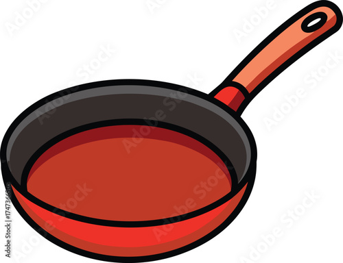 A red frying pan with a sturdy handle, positioned on a neutral background.