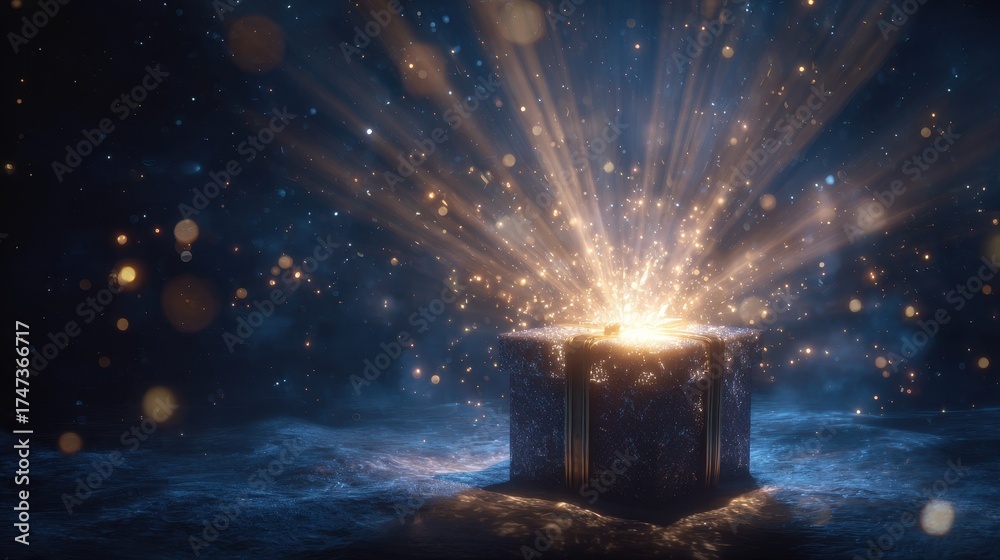 Obraz premium Ethereal Glow Emanating from Ancient Ornate Box, Mystical Light Beams, Sparkles, and Cosmic Dust.