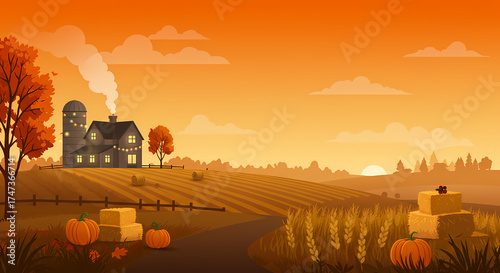 Thanksgiving Farm Landscape with Pumpkins and Sunset Sky – Autumn Harvest Background illustration