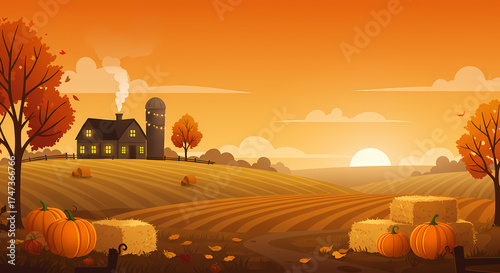 Thanksgiving Farm Landscape with Pumpkins and Sunset Sky – Autumn Harvest Background illustration
