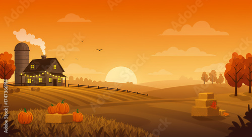 Thanksgiving Farm Landscape with Pumpkins and Sunset Sky – Autumn Harvest Background
