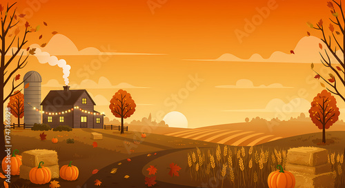 Thanksgiving Farm Landscape with Pumpkins and Sunset Sky – Autumn Harvest Background
