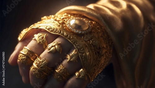 A close-up view of an ornately jeweled hand, resplendent in gold and regalia, embodying opulence, luxury, and affluence, radiating with light and allure.