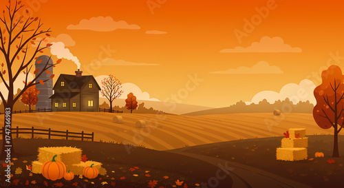 Thanksgiving Farm Landscape with Pumpkins and Sunset Sky – Autumn Harvest Background
