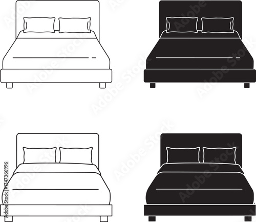 Four stylized illustrations of beds in outline and silhouette for design and decor concepts