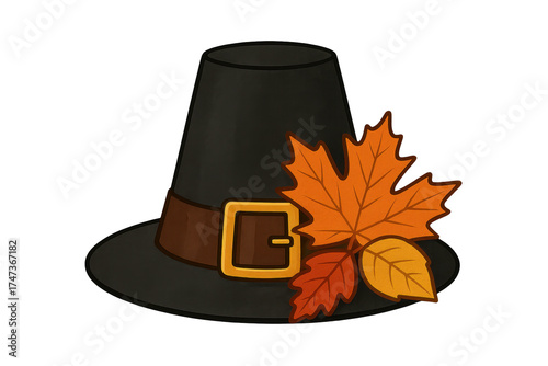 Pilgrim Hat with Autumn Leaves: A traditional Pilgrim hat adorned with vibrant autumn leaves. A simple symbol of the season.