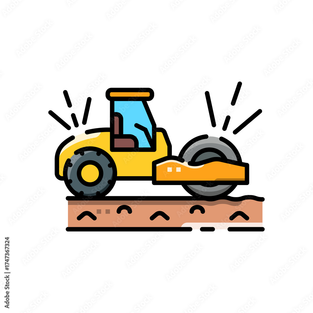 Naklejka premium Yellow Steamroller Compacting Soil and Ground Construction Vehicle Icon with Transparent Background