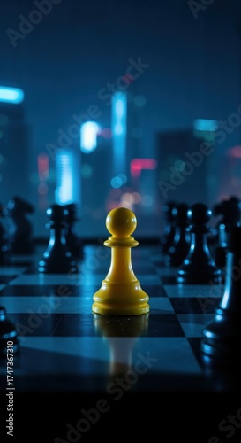 Wallpaper Mural Chess Pawn Triumphing: A solitary yellow chess pawn stands defiant, illuminated against the backdrop of a city, symbolizing strategic advantage and individual success. Torontodigital.ca