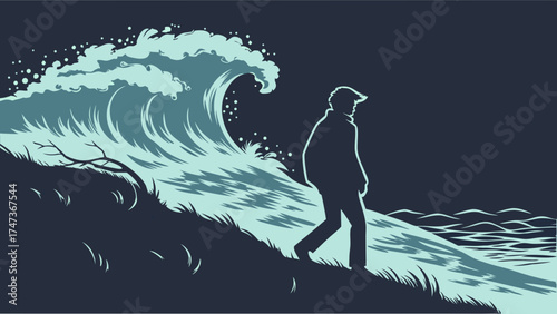 A lone figure contemplates a large ocean wave at night minimalist illustration vector art graphic design.