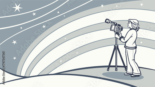 A Person Filming a Night Sky Scene with a Vintage Camera on a Tripod.