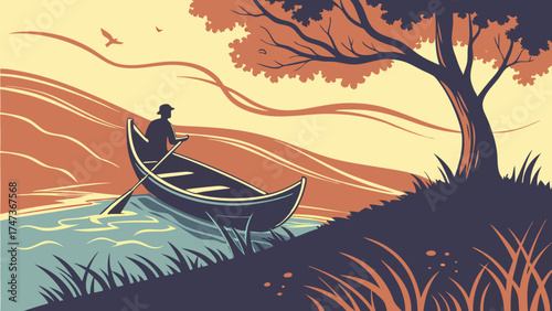 A person rowing a boat on a calm river under a tree with a stylized landscape background.