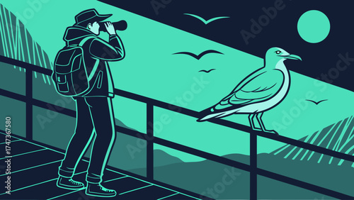 A person with binoculars observing a seagull on a railing overlooking a scenic landscape at night.