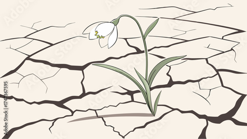 A single delicate flower blooming in cracked earth symbolizing resilience and hope amidst drought conditions.