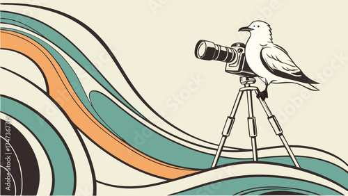 Bird Photographer with Camera on Tripod Abstract Wavy Background Design.