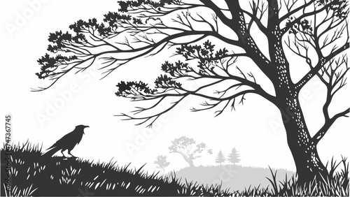 Black and white illustration of a bird and tree silhouettes.