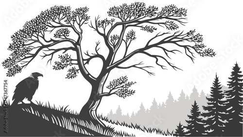 Black and White Illustration of a Bird of Prey Perched Near a Tree and Forest Silhouette Nature Wildlife Graphic Design Vector Art.