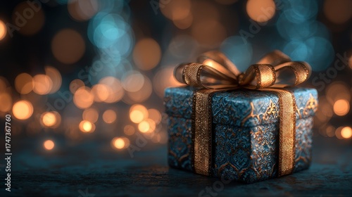 Elegant Teal Gift Box with Golden Ribbon and Bokeh Lights Background.
