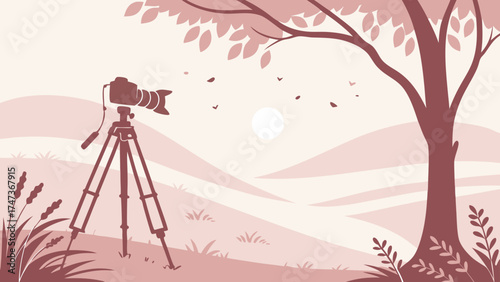 Camera on tripod in nature landscape photography idyllic scene serene outdoor setting.
